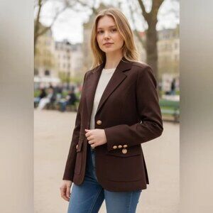 NEW JOIE SZ M Military Style Blazer Gold Crest Buttons in Chocolate Brown